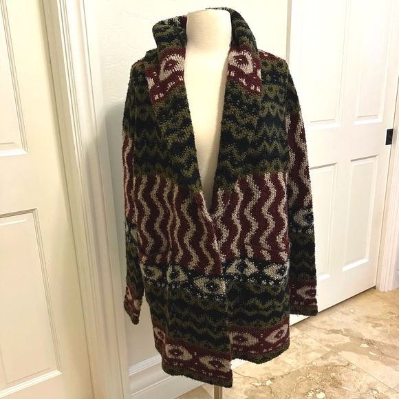 Abercrombie and Fitz knit wool hooded cardigan sweater tribal multicolor Sz M - Picture 2 of 6